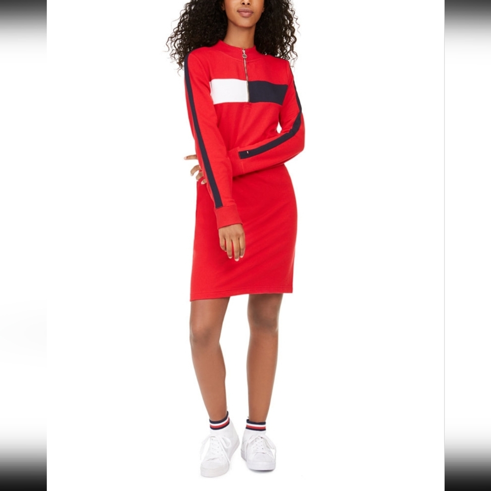 Tommy Hilfiger Red Colorblock Quarter Zip Sporty Sweatshirt Sneaker Dress S